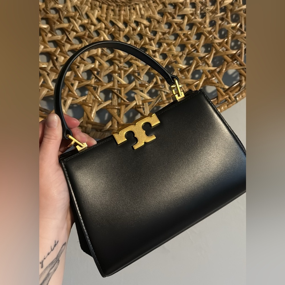 Tory Burch Black Leather Top-Handle Mini Bag with Gold Hardware